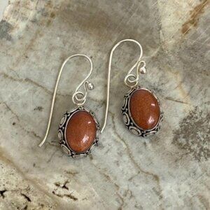 Sterling Silver 925 BA Suarti Oval Bali Goldstone Dangle Earrings French Wire 9g